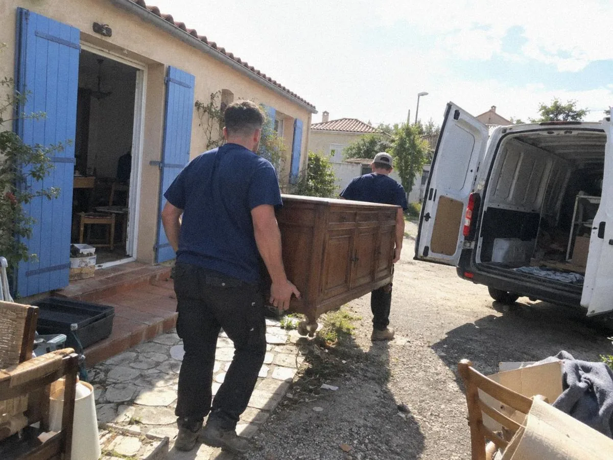 Équipe sortant un buffet d'une maison